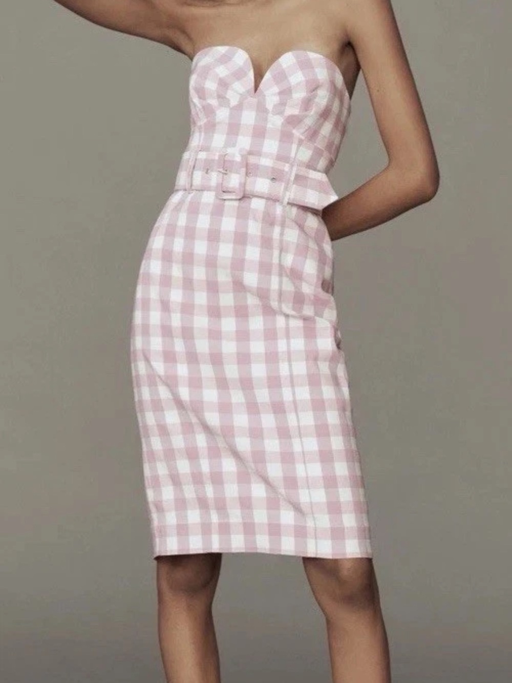 Anthropologie Maeve Strapless Pink and White Gingham Belted Sheath Dress